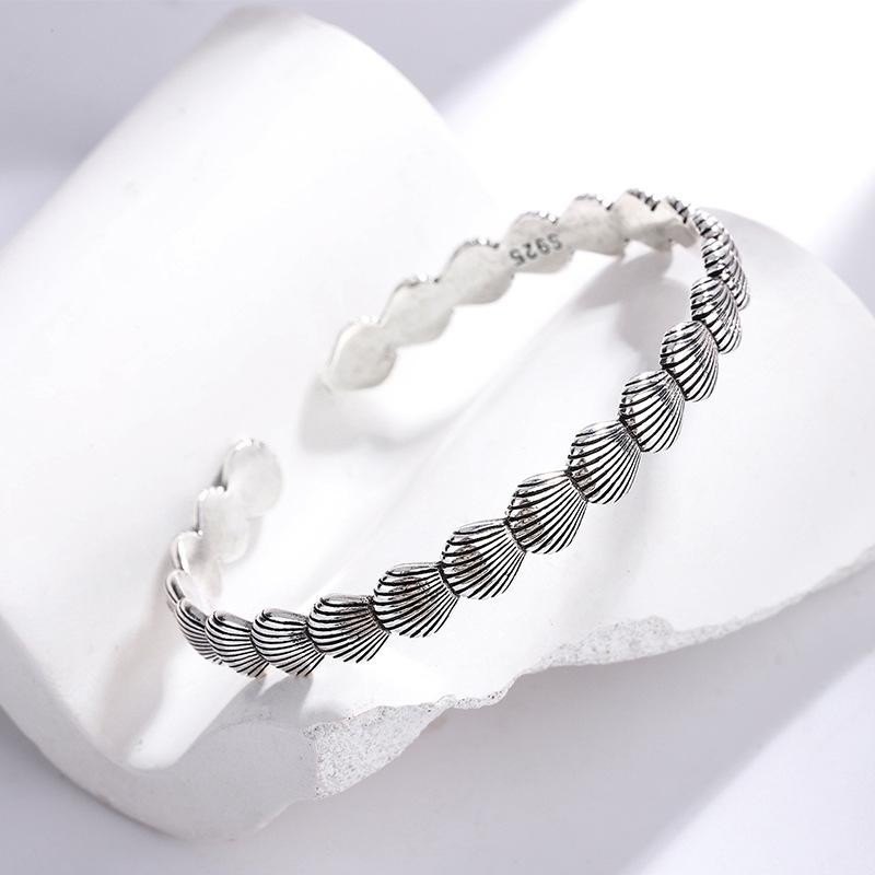 925 Sterling Silver Shell Open Bangle Retro Thai Silver Creative Cuff Bracelet