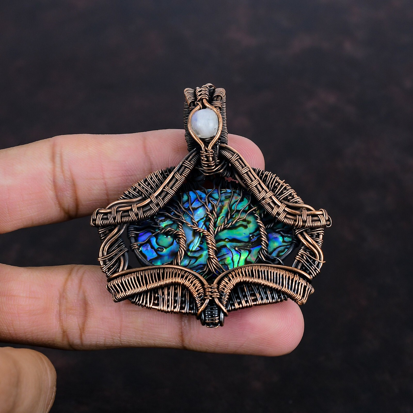 Gift For Her Abalone Shell Wire Wrapped Tree Of Life Pendant Copper 2.44″
