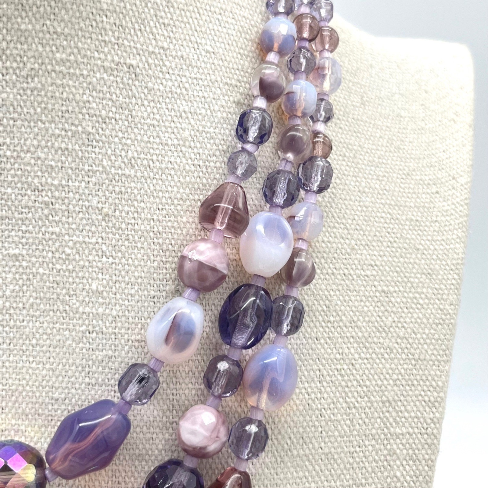 Vintage Germany Purple Iridescent Art Glass Triple Strand Beaded Necklace 16in