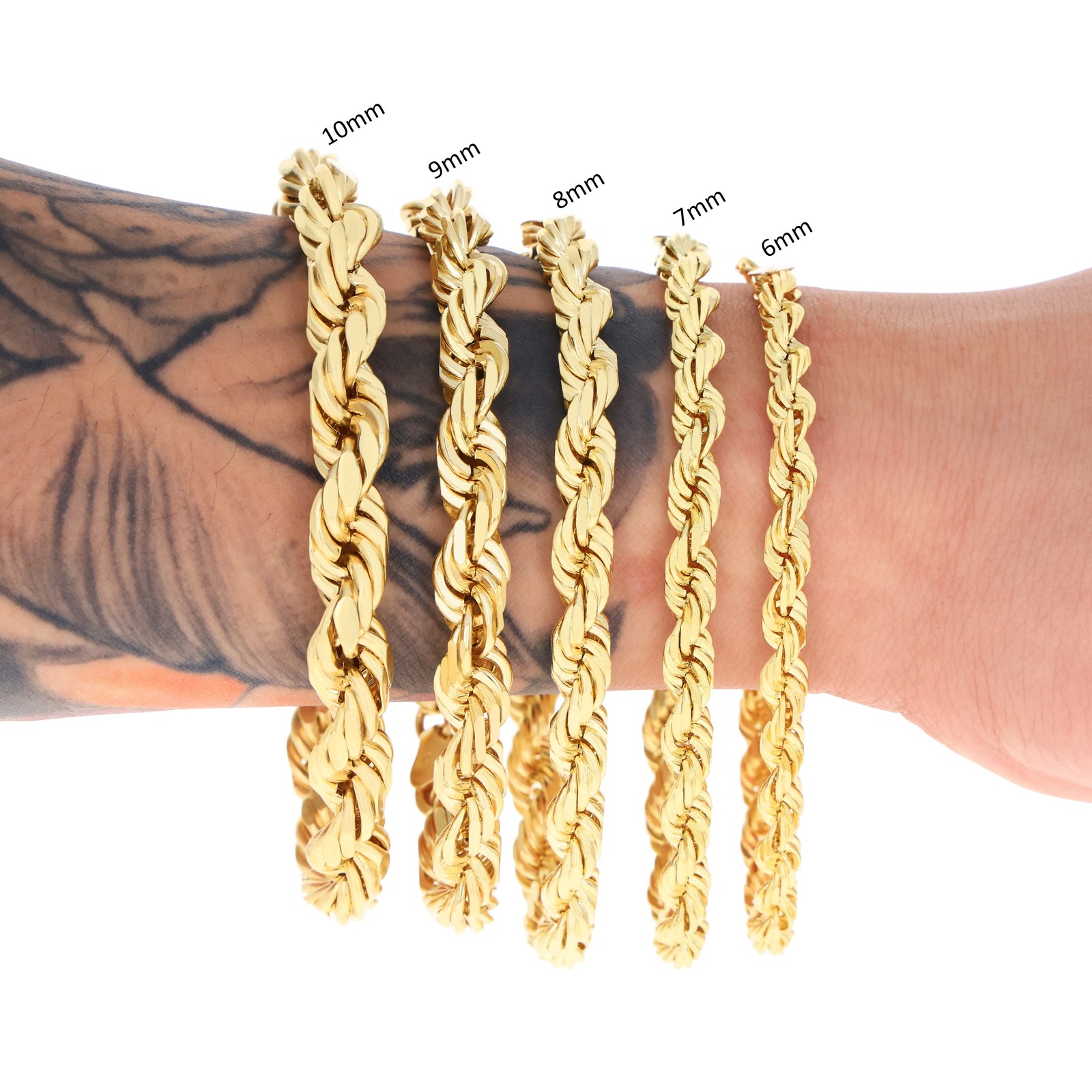 10K Yellow Gold 2mm-7mm D/C Rope Chain Bracelet Men Women 7″ 7.5″ 8″ 8.5″ 9″