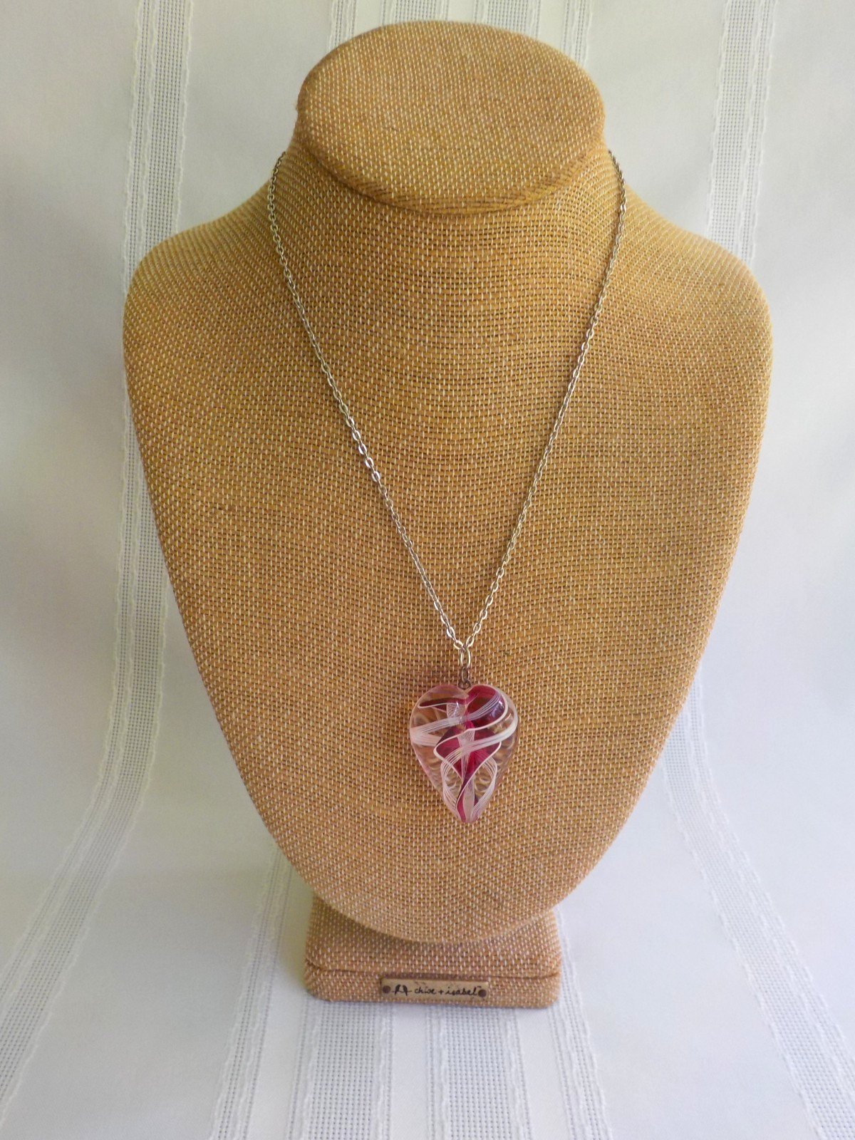 Heart Art Glass Necklace Red White Swirl Silver Tone Metal Pendant Heavy