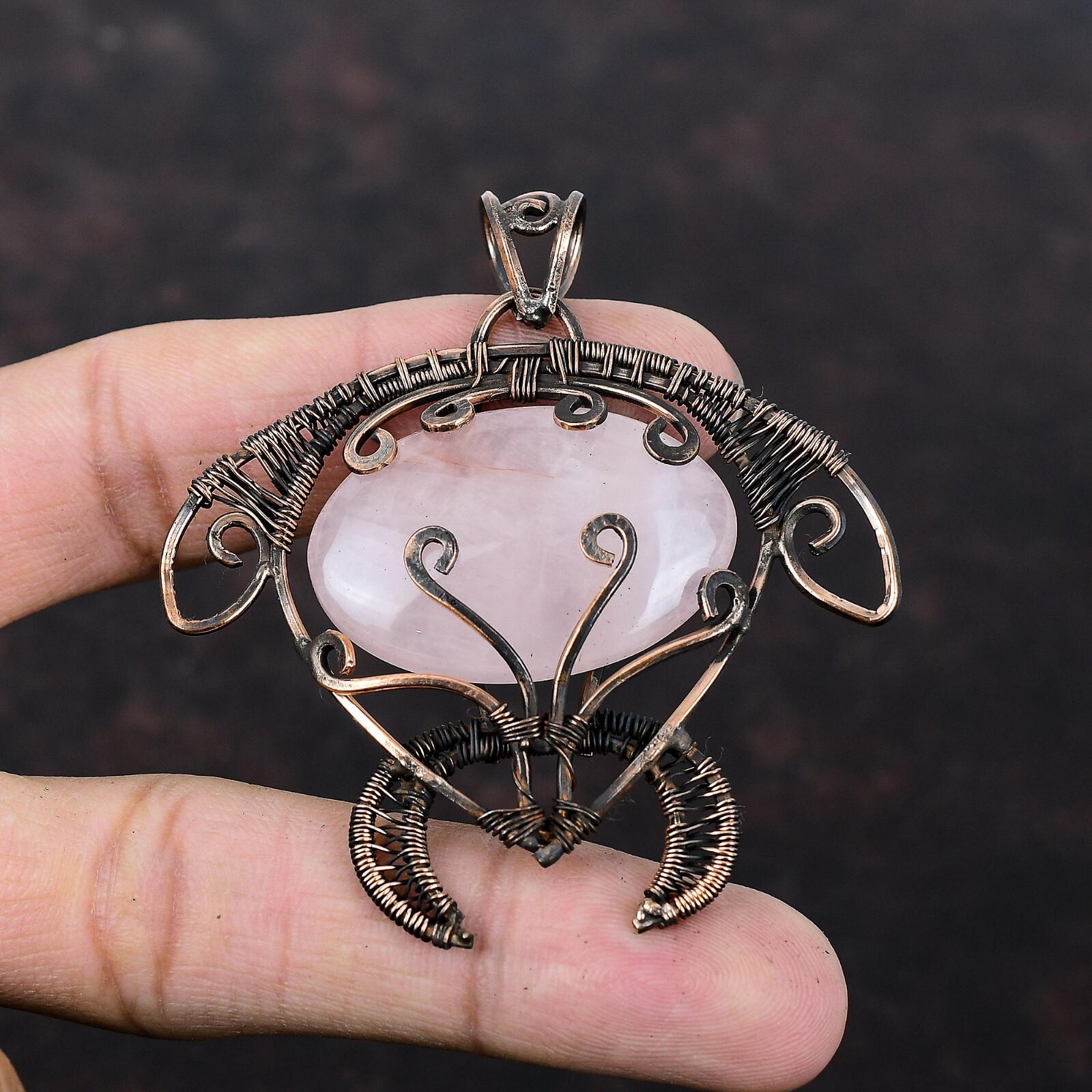 Rose Quartz Wire Wrapped Tortoise Pendant Handcrafted Copper Holiday 2.68″