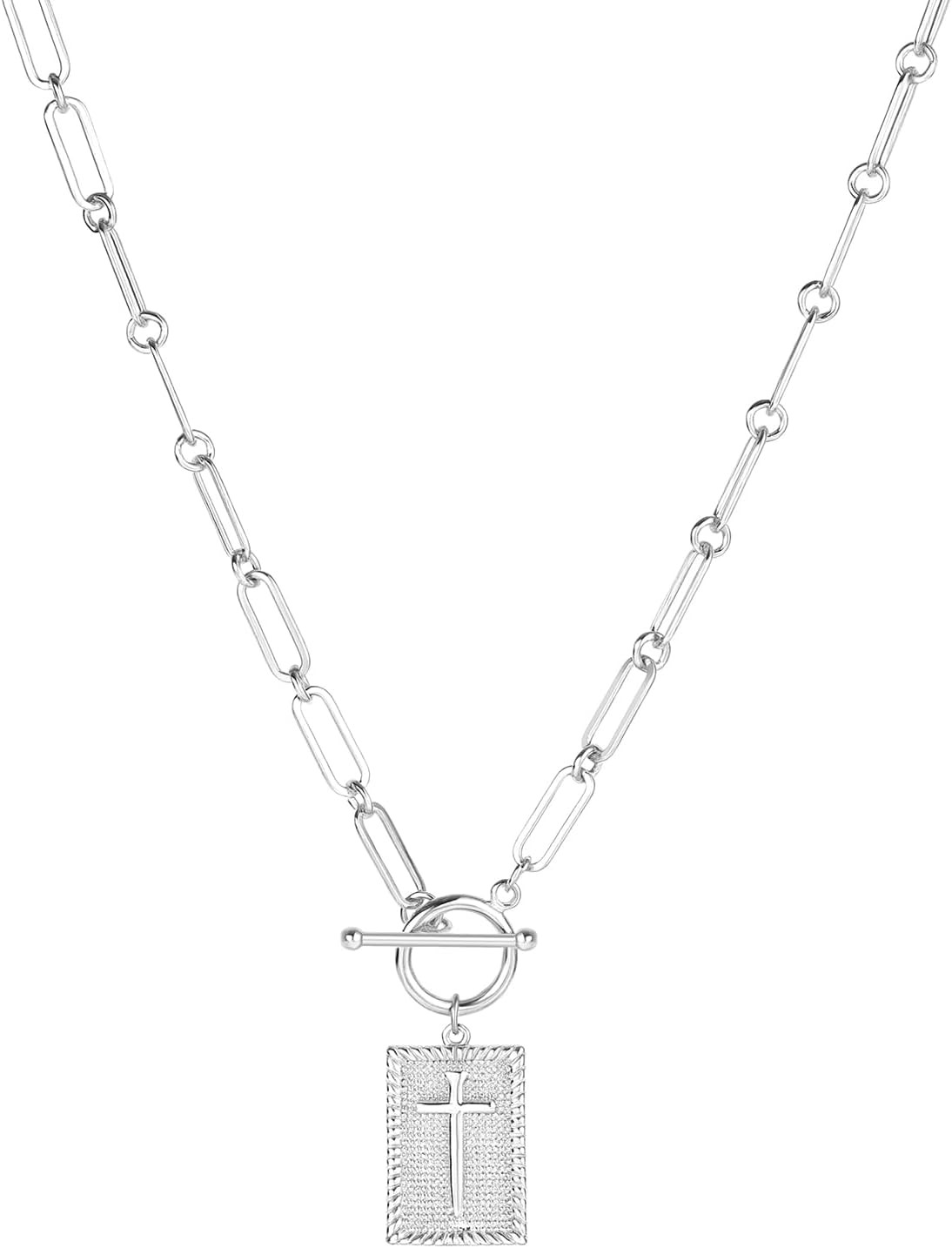 Paperclip Cross Pendant Necklace for Women Gold Toggle Clasp Rectangle Necklace