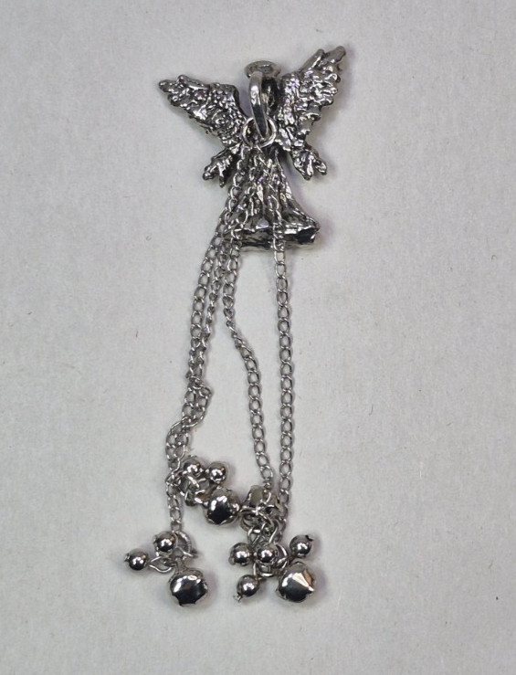 Silver Tone Guardian Angel Pendant w/ Pink Rhinestone & Dangle Beads 3.75″