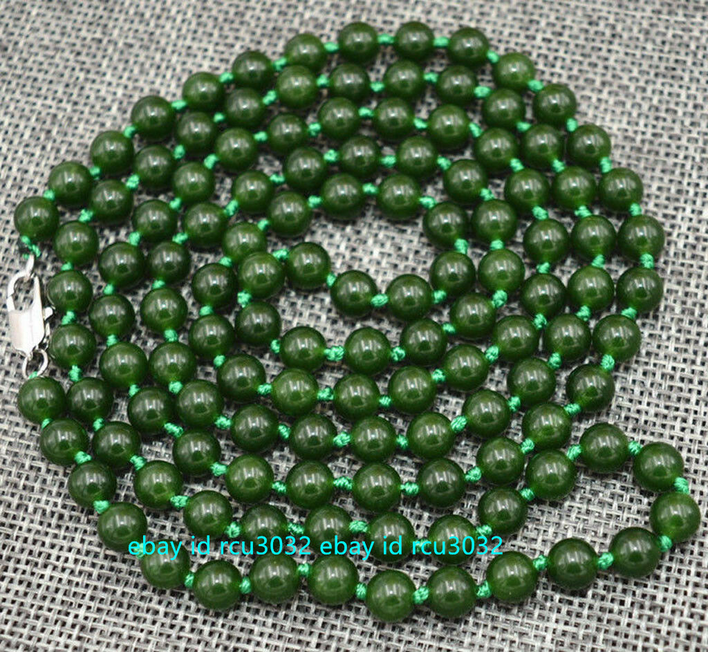 Long 36” Natural Dark Green Jade Round 6mm Gemstone Beads Necklace