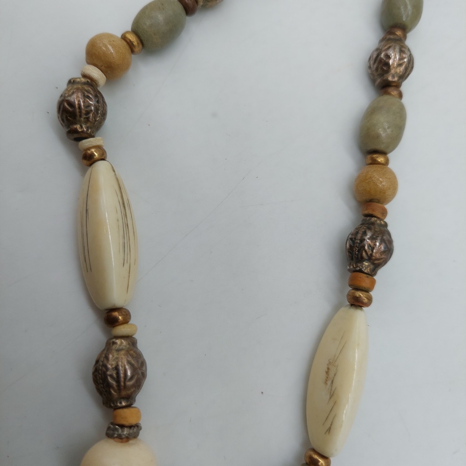 Necklace Beaded Round Pendant Brown Green Beige Metal Plastic Stones