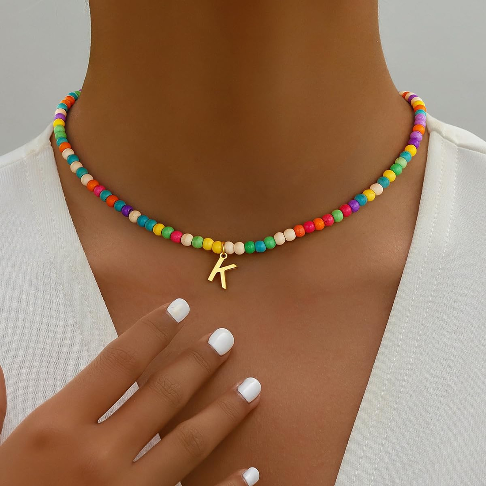 Colorful Initial Necklace for Girls Women Kids, Beaded Pendant, 16 Plus 2 Inch