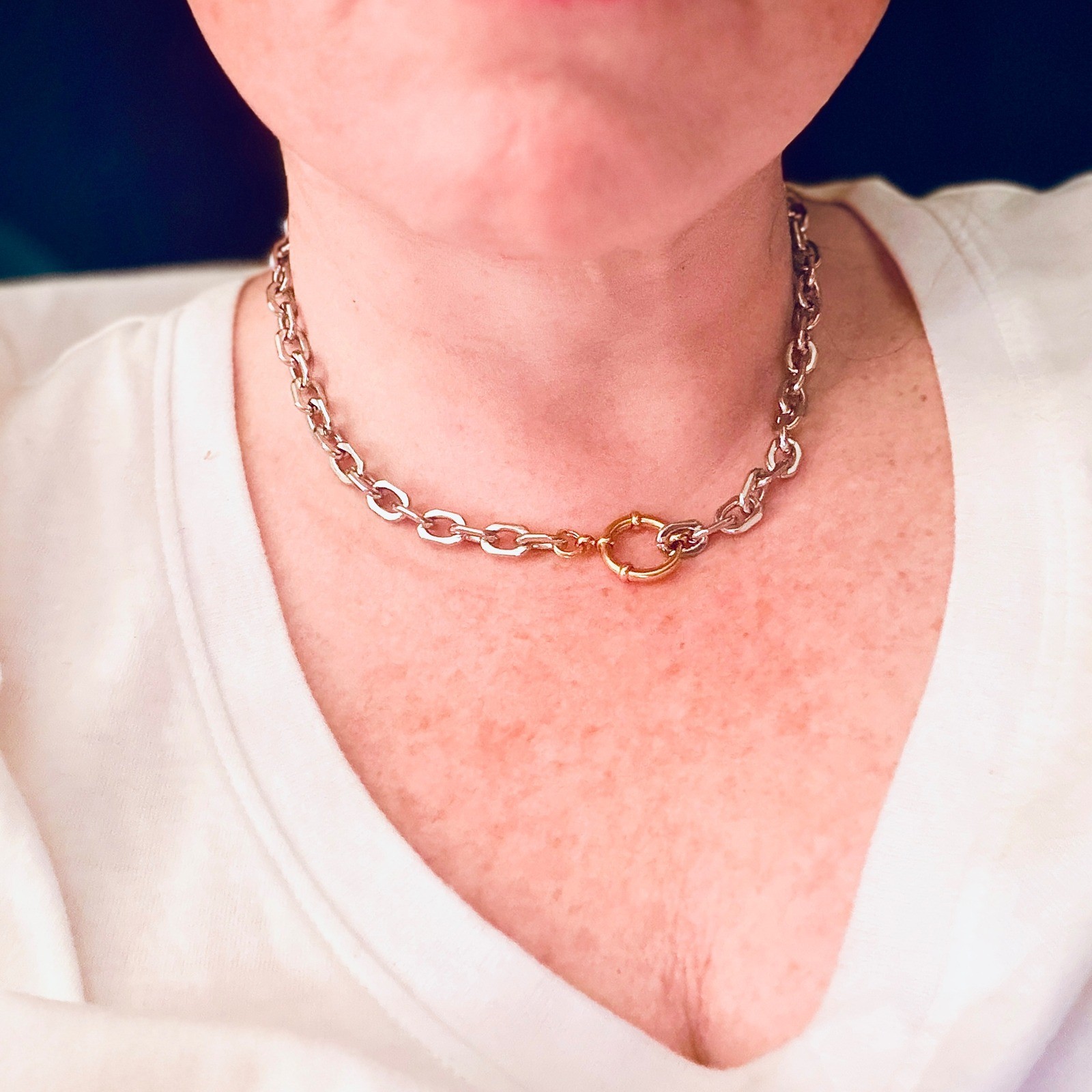 Two Tone Chunky Chain Link Necklace Gold Silver Mixed Metal Sailor Clasp Choker