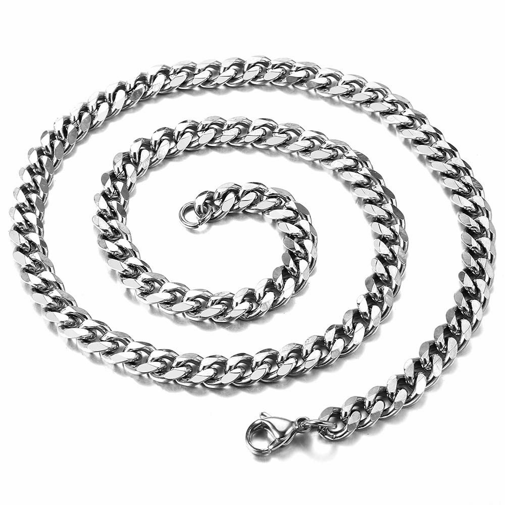 16-36″ Stainless Steel Silver Chain Cuban Curb Womens Mens Necklace 3/5/7/9/11mm