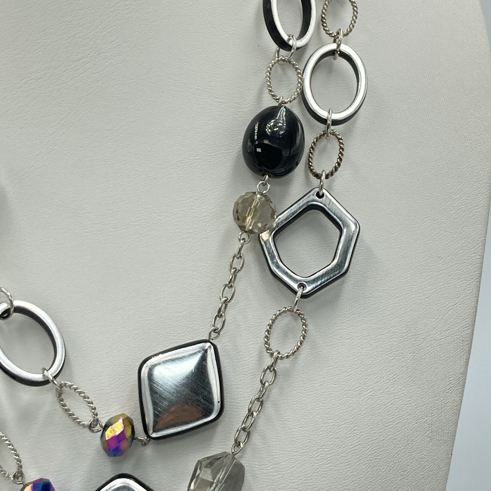 Lia Sophia 50″ Long Silver Tone Statement Necklace Black Beads Signed Jewelry