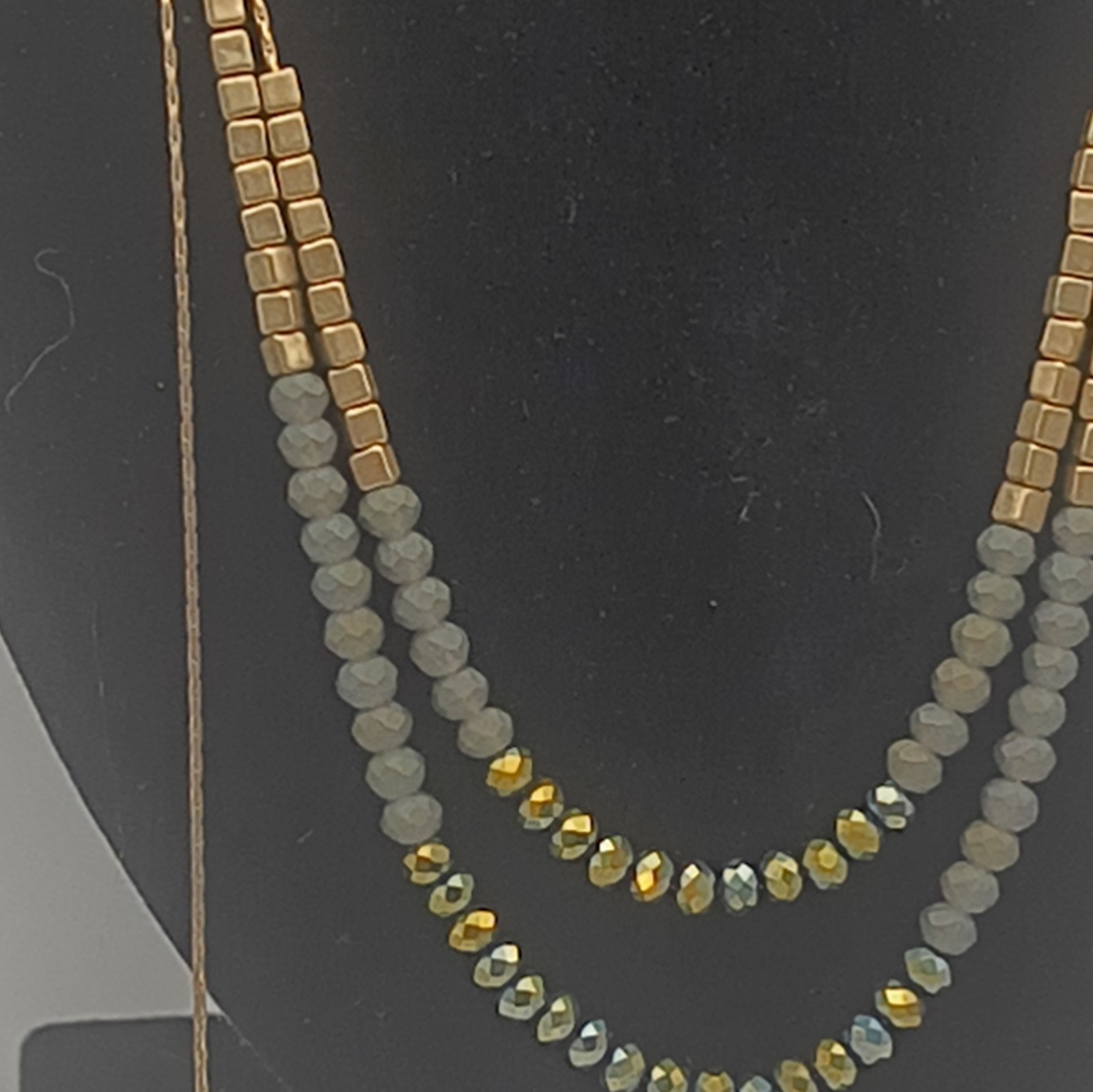 Gold Tone Layered Cable Chain Necklace Gray Round Crystal Beaded Adjustable