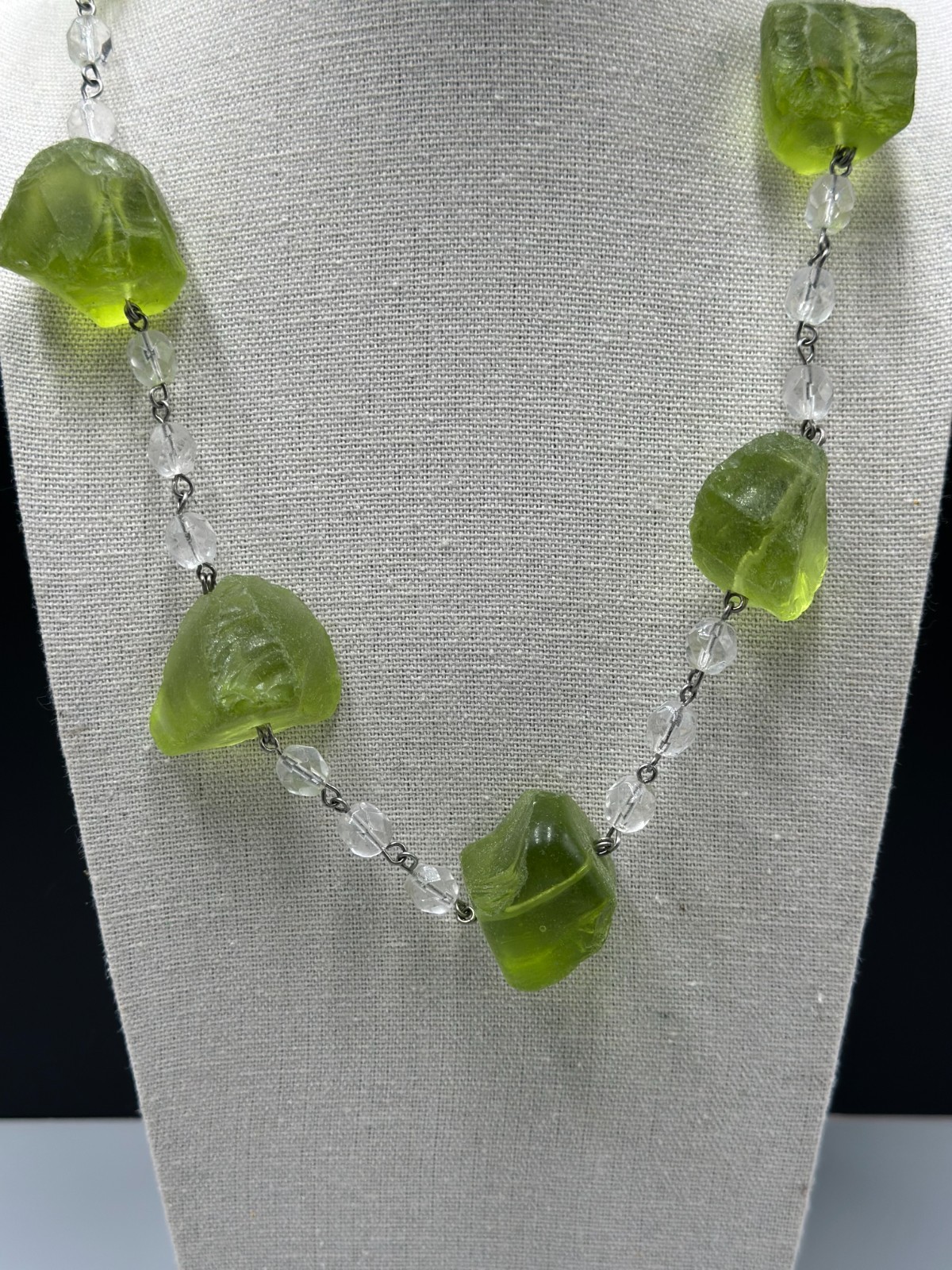 Green Chunky Nugget Beaded Necklace Clear Faceted Link Long Statement 20 Inch