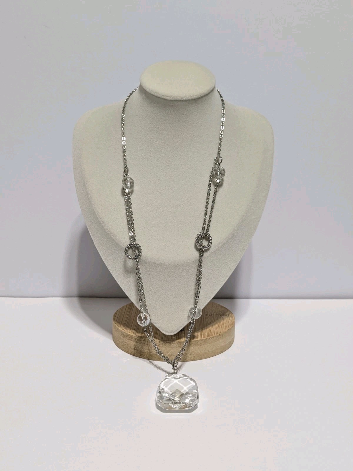 Silver Tone Chain Necklace With Clear Glass Beads & Faceted Rectangular Pendant