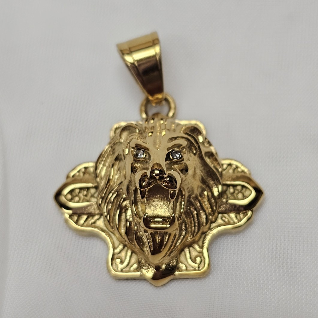 Gold Tone Lion Head Charm Pendant Metal Clear Round Crystal Eyes Animal Theme