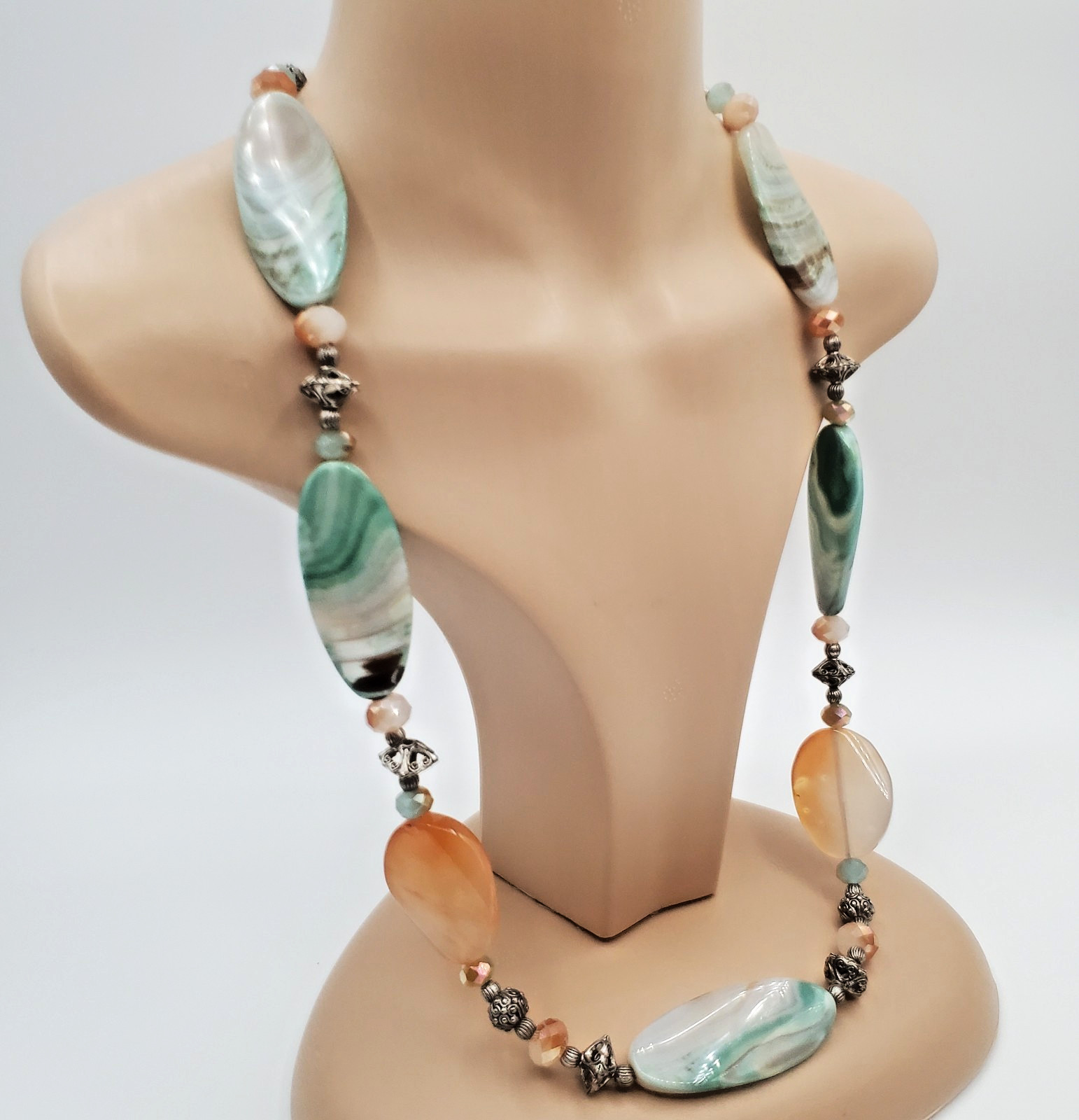 Banded Agate Stone Necklace 32in Peach Aqua Green Brown Polished Natural Beads