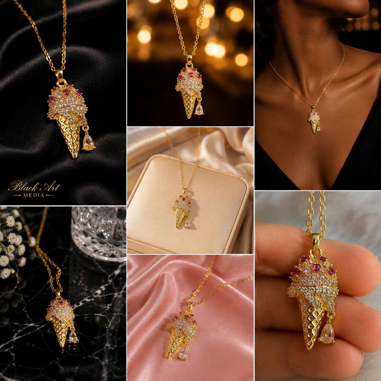 Ice Cream Cone CZ Crystal Pendant Necklace – Gold Tone, Pink Accents, 18″ Chain