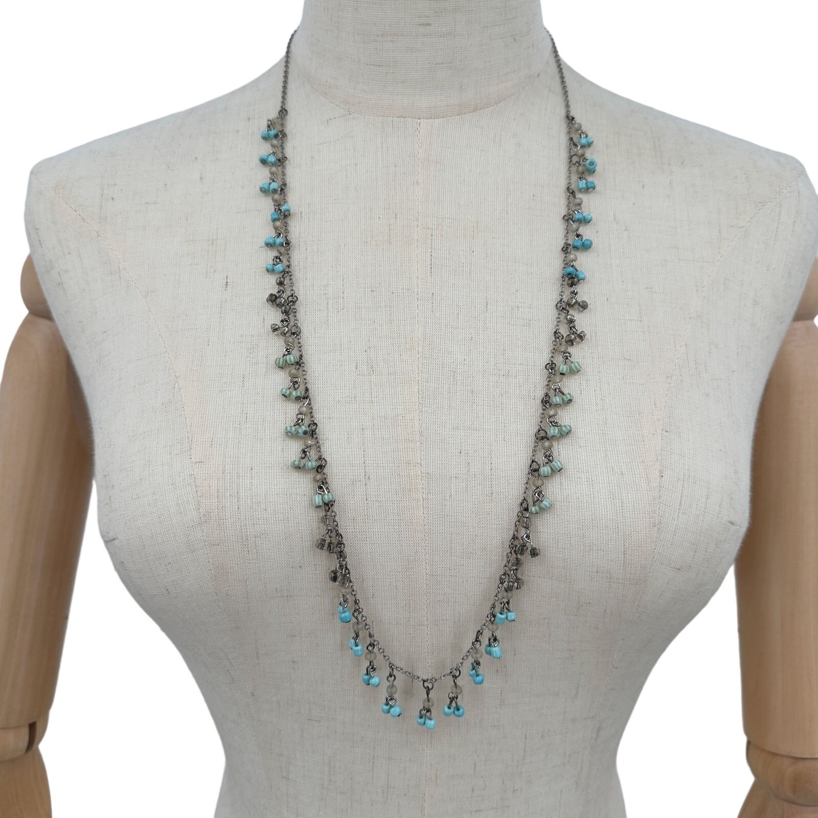 American Eagle Outfitters Long Necklace Aqua Blue Bead Dangles 30 Inch