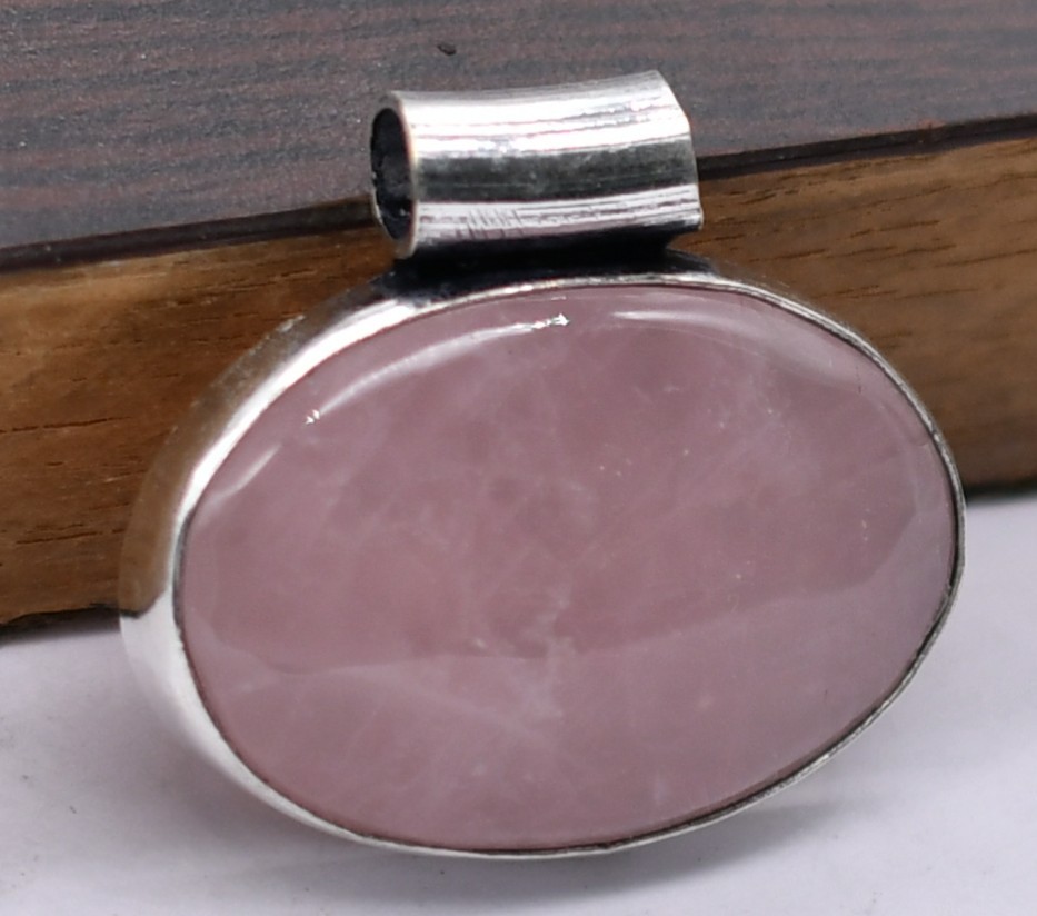 Rose Quartz Natural Gemstone Antique Silver Plated Pendant 3.75″ J 1196
