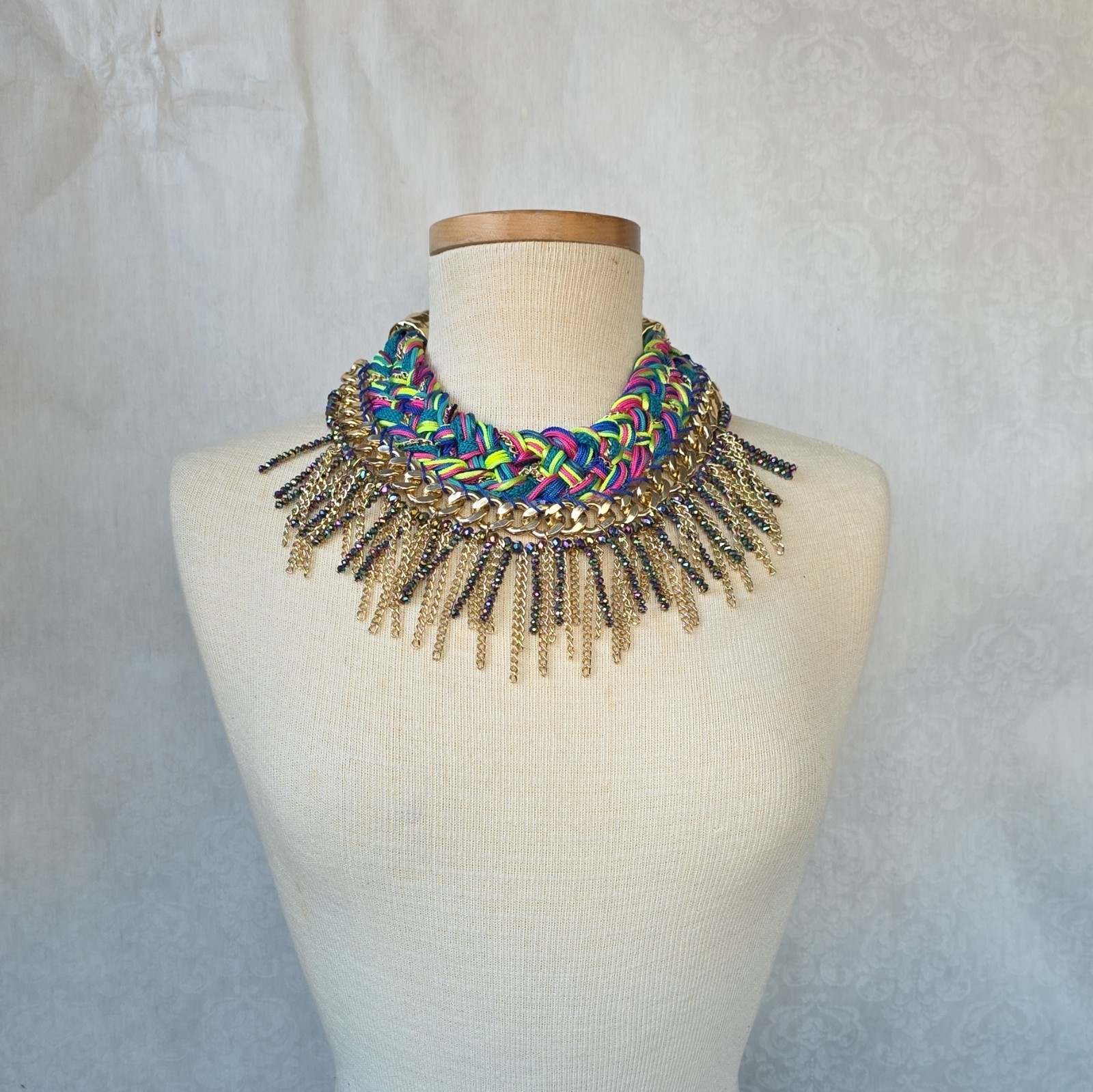 Multicolor Braided Cord Statement Bib Necklace Gold Tone Curb Link Crystal