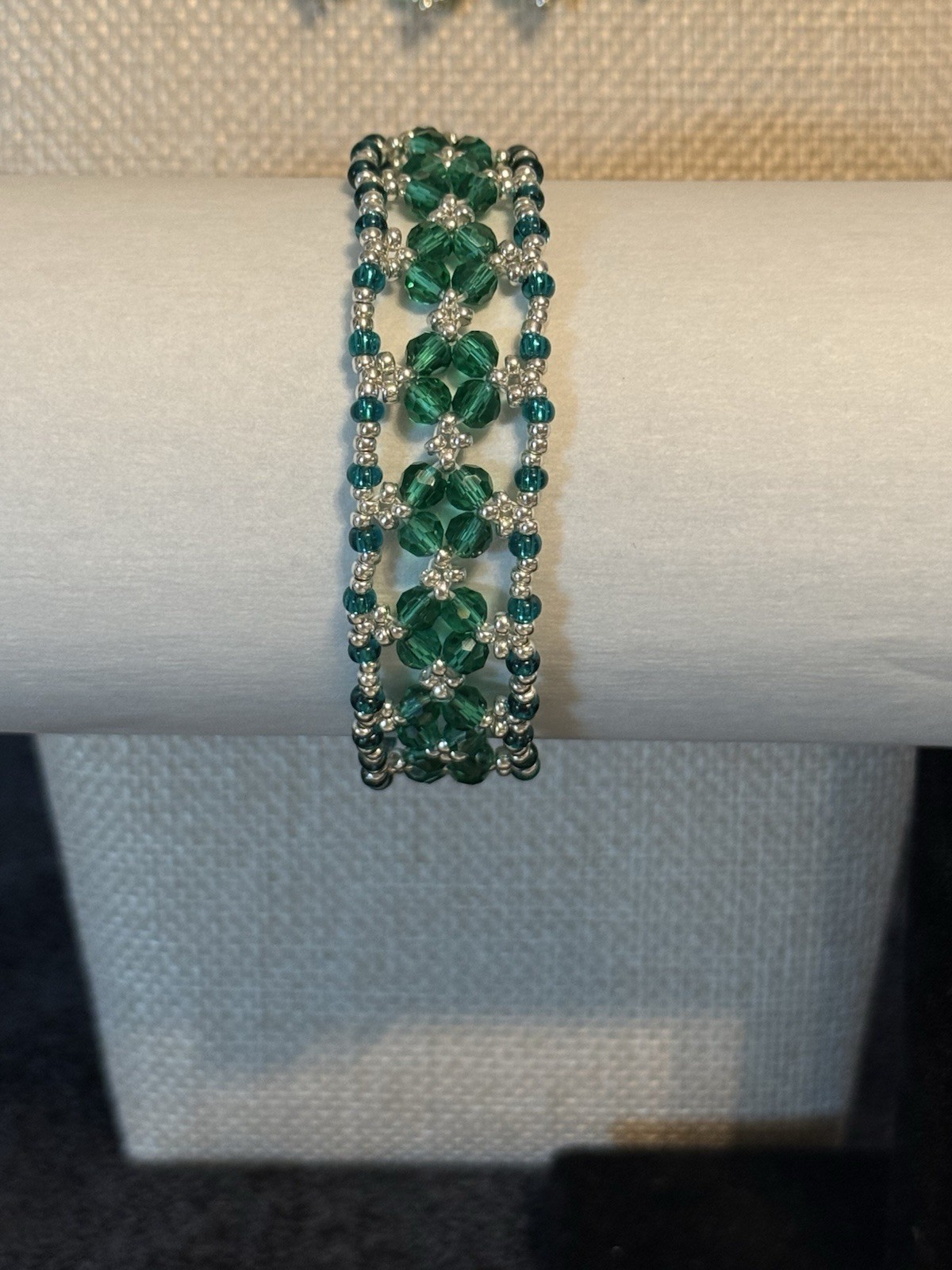 Handcrafted Green Round Crystal Beaded Necklace Bracelet Drop Earring Set