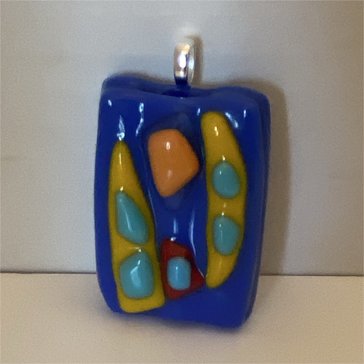 Fused Glass Pendant Silver Tone Bail Multicolor Art Design Handmade; Artisan