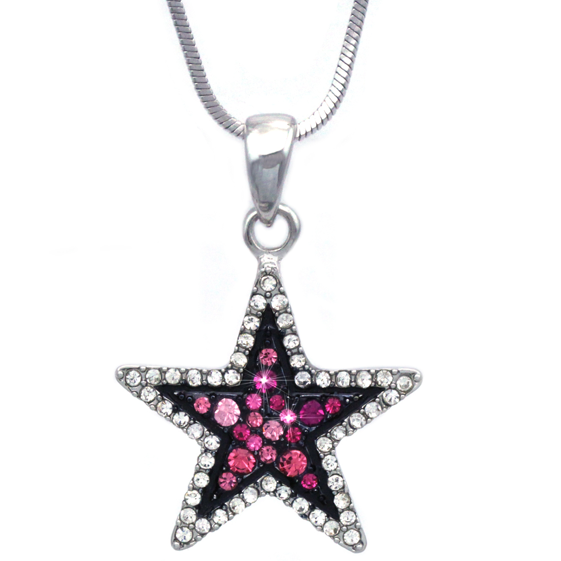 Clear Hot Pink Crystal Two Tone Color 1 Inch Star Pendant Necklace Bling Jewelry