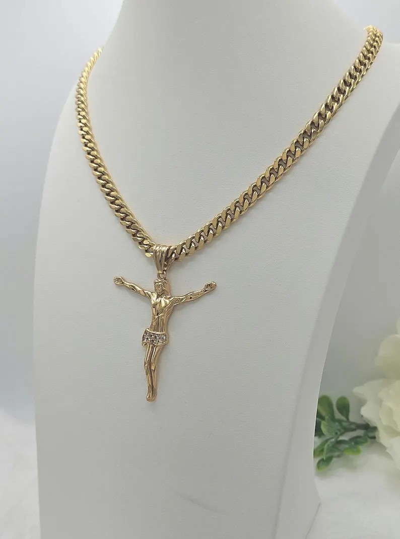 14k Heavy Plated Gold Crucifix Necklace: Men’s 7mm Cuban Link CZ Pendant