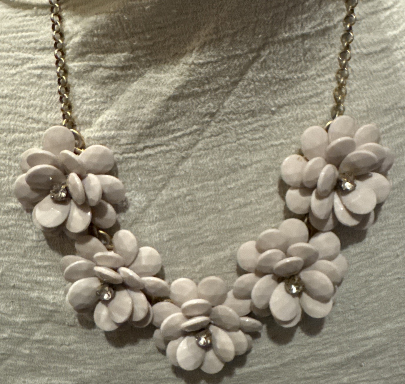 J Crew Lotus Flower Necklace Beige Rhinestone Acrylic Statement Collar Chunky