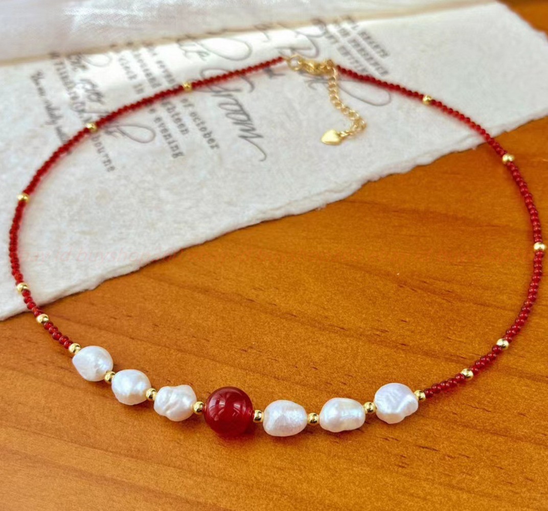 Natural Pretty 4mm Red Jade White Baroque Pearl Gems Round Bead Necklace 16-24in