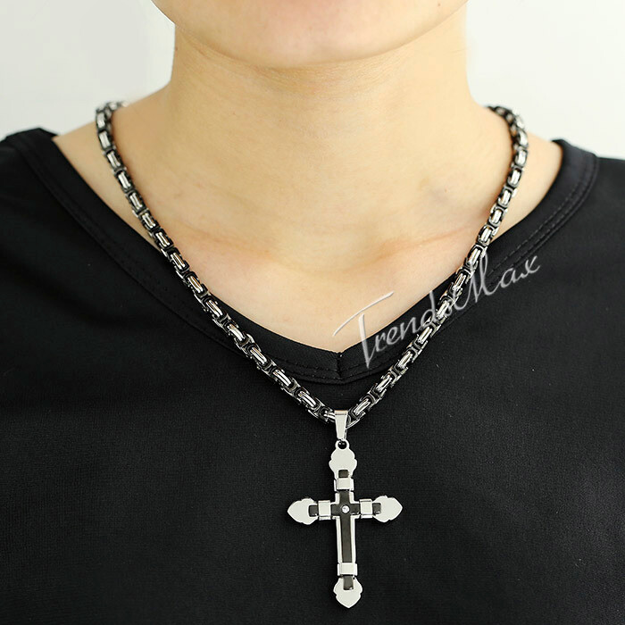 18-30″ Mens Stainless Steel Chain Necklace Cross Pendant Black&Silver Byzantine