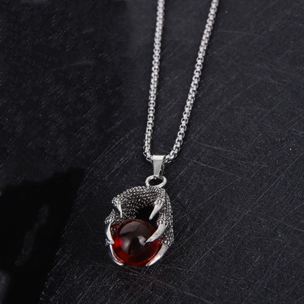 Punk Men’s Retro Dragon Claw Red Glass Bead Fashion Sweater Pendant Necklace