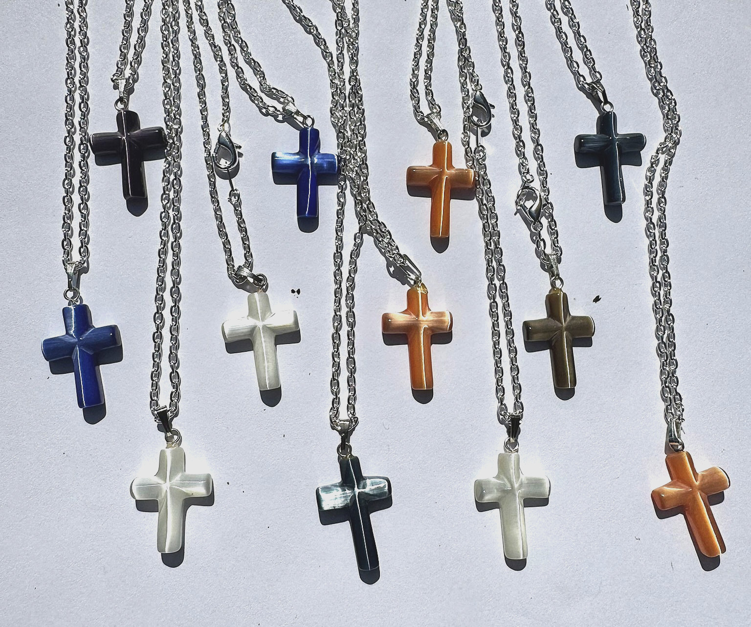 Wholesale mixed lot 48 glass cat eye cross pendants assorted colors with chain