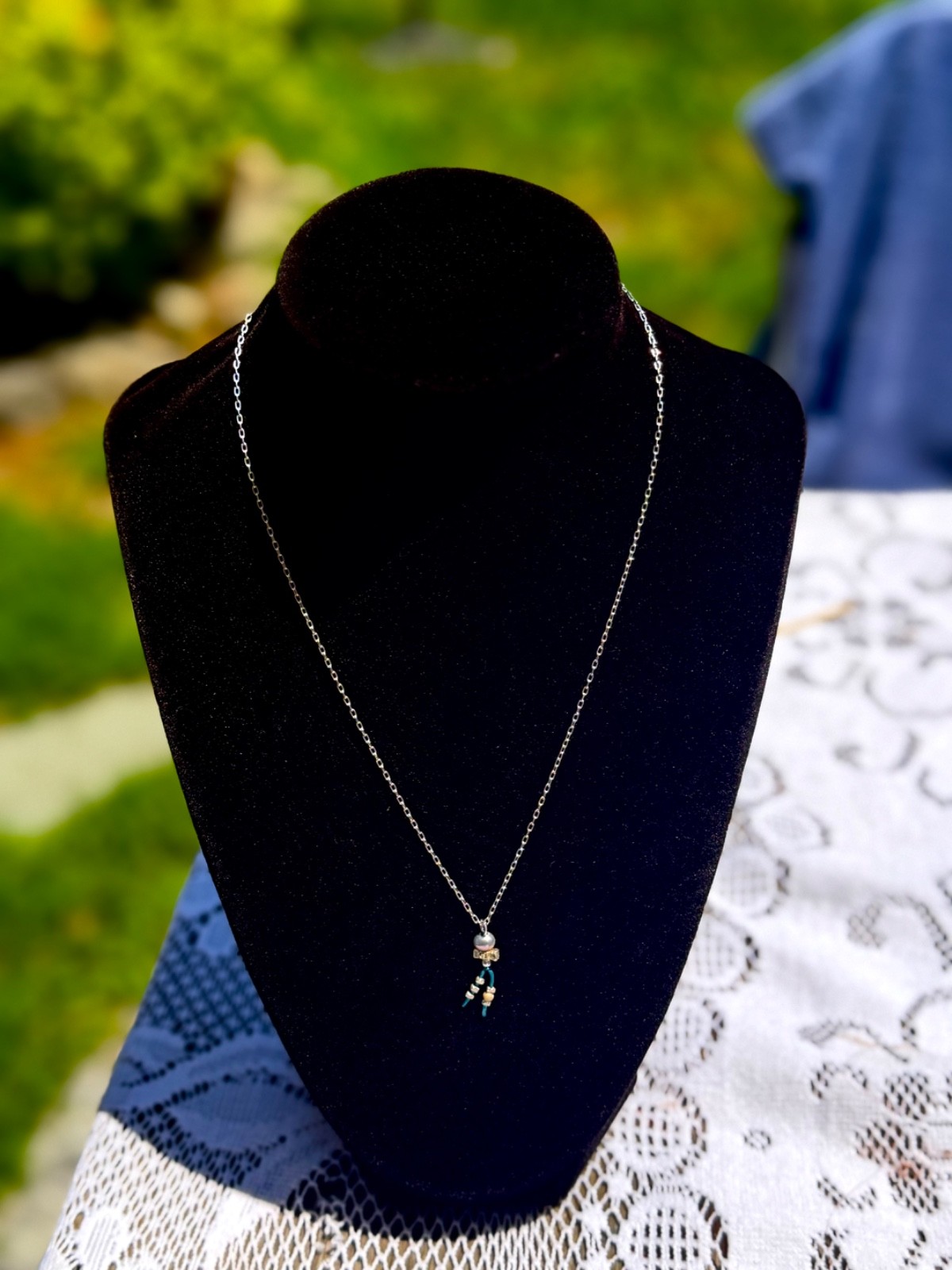 Authentic CHAN LUU Boho Mixed Media Pendant Necklace • Teal Cord & Pearl Tassel