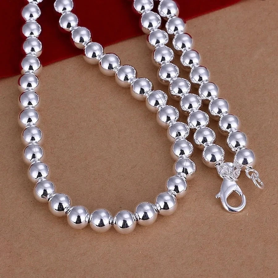1Pcs Women’s 925 Sterling Silver 8mm Hollow Balls Beads 20″ Chain Necklace