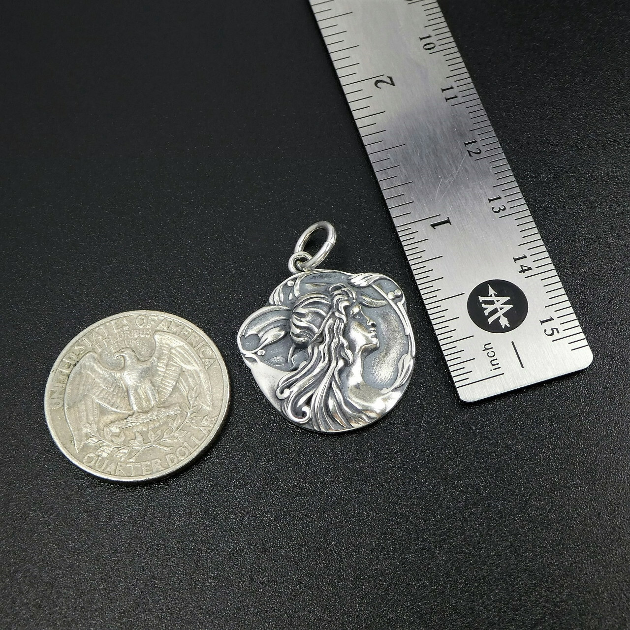 925 Sterling Silver Art Nouveau Style Lady Good Luck Charm Pendant Unique!