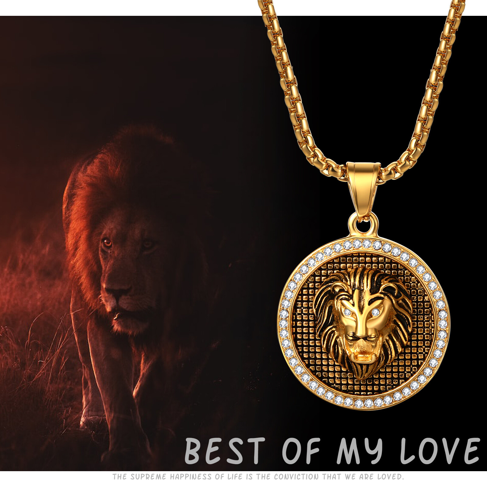 Mens Boys Hip Hop Gold Tone Lion Head Stainless Steel Pendant Necklace Chain 22″