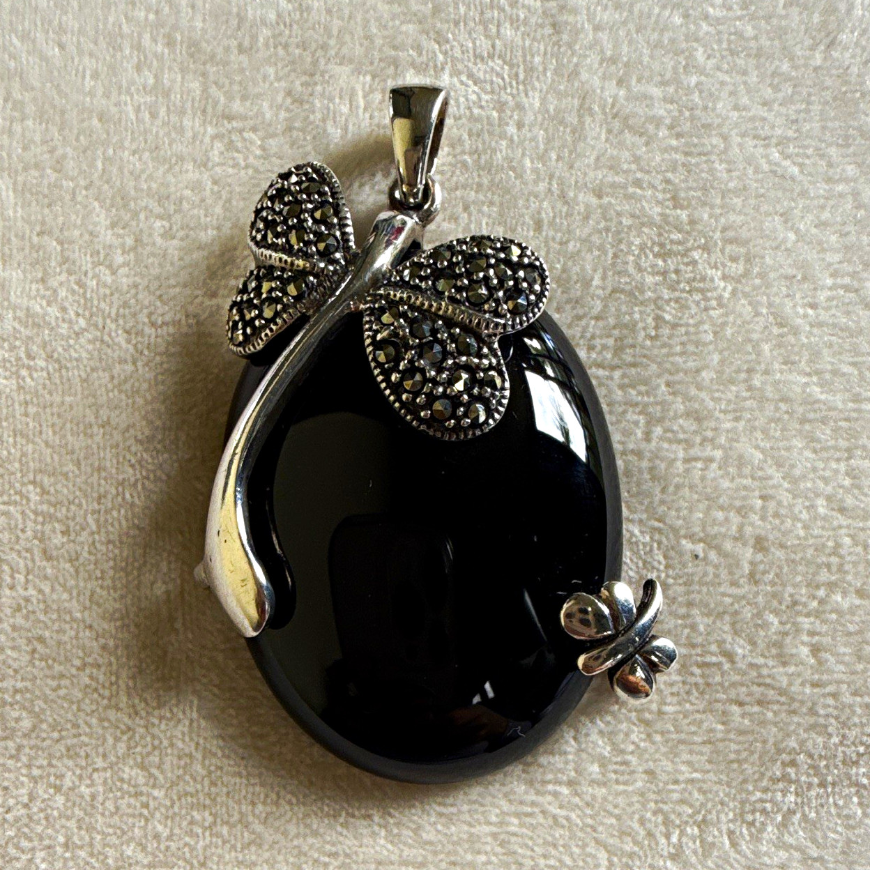 Large 2” Black Onyx Pendant 925 Sterling Silver Marcasite Butterfly Floral State