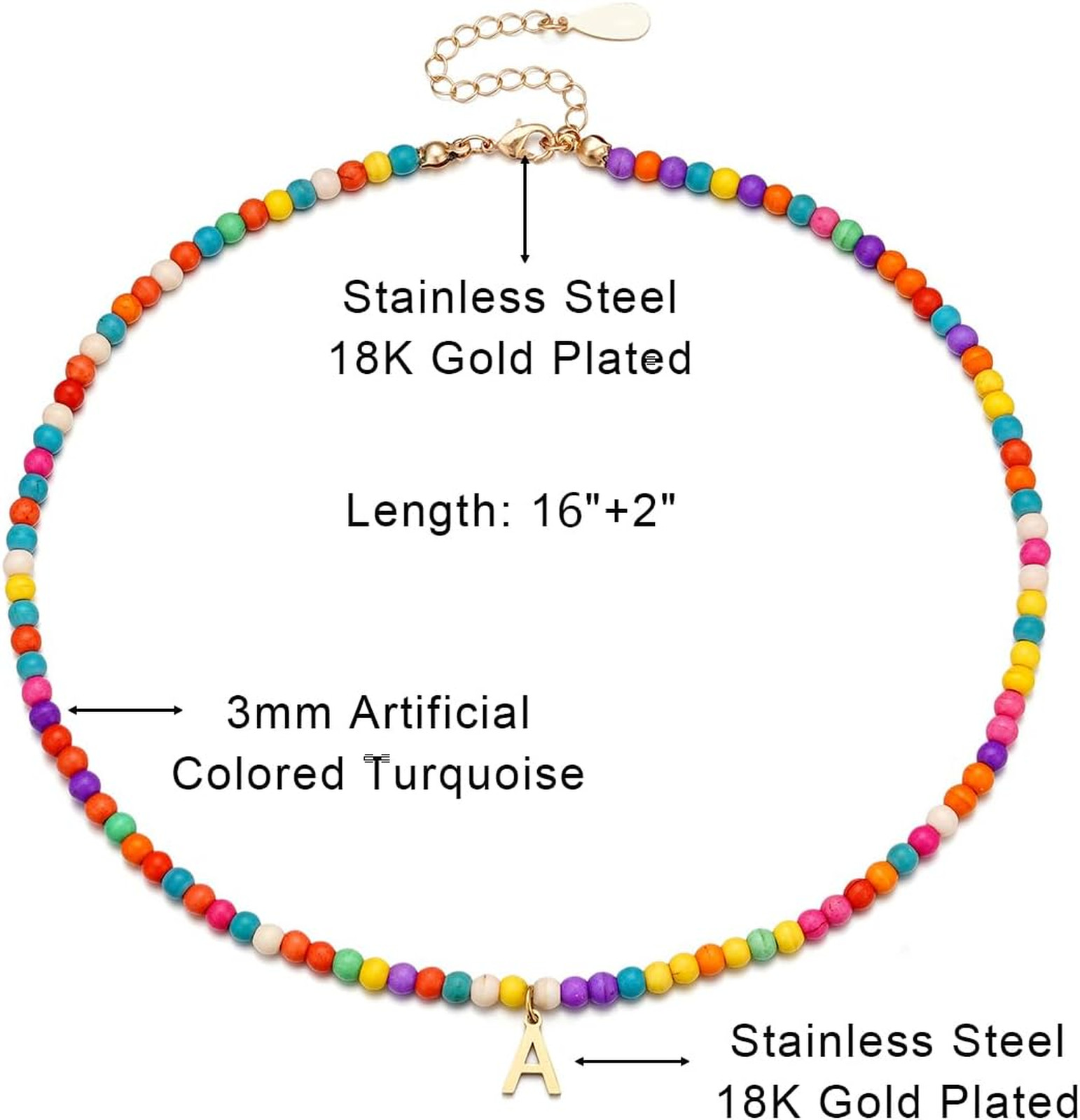 Colorful Initial Necklace for Girls Women Kids, Beaded Pendant, 16 Plus 2 Inch