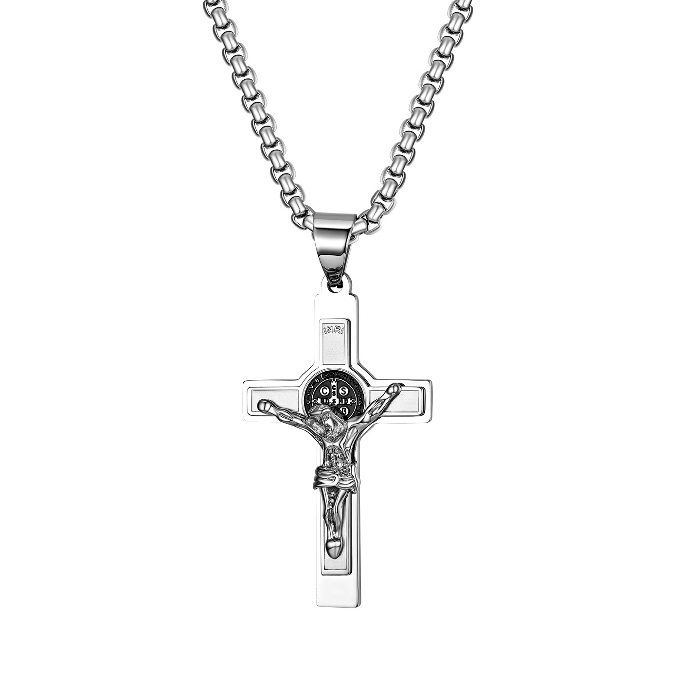 22” Stainless Steel Saint St St. Benedict Crucifix Cross Pendant Necklace Men