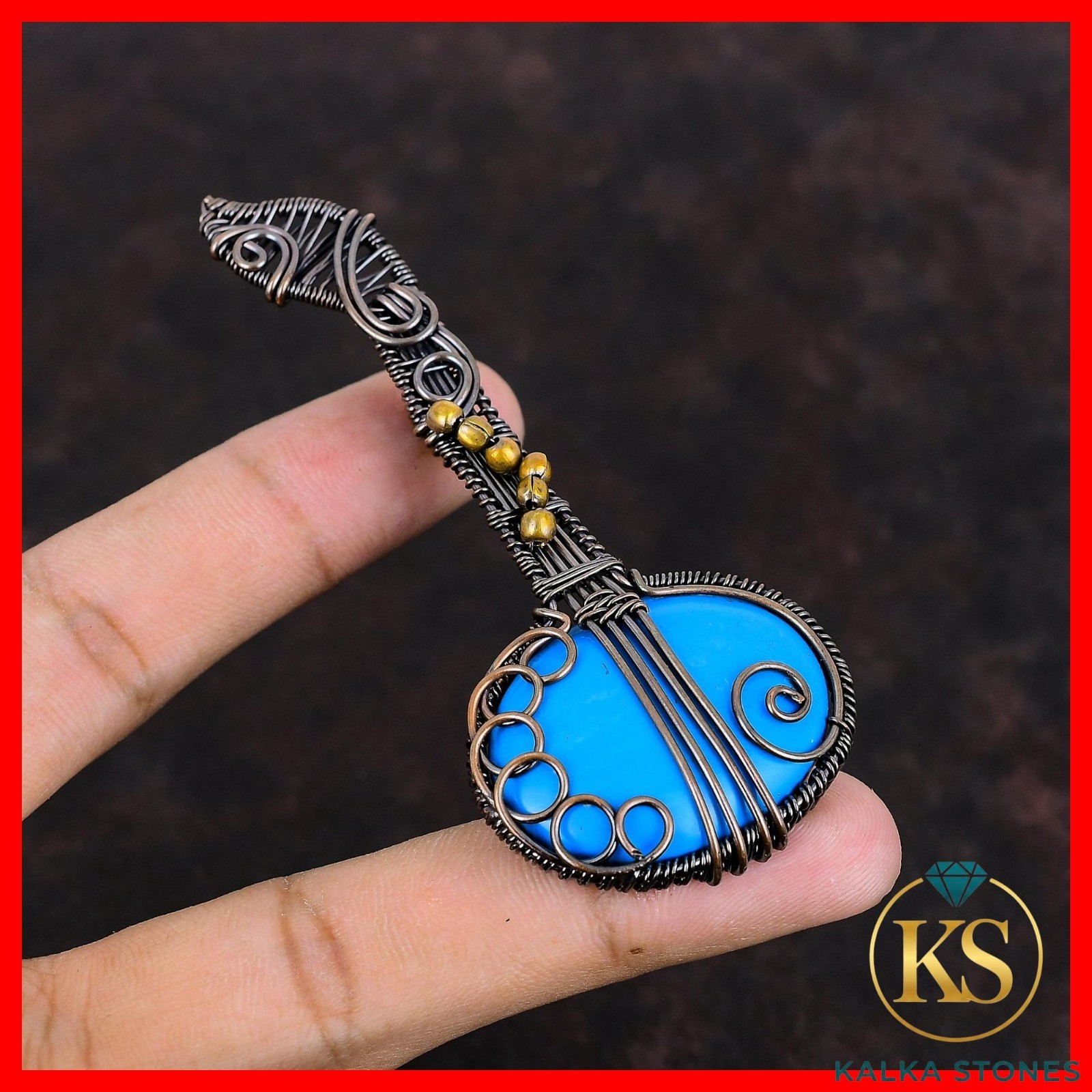 Copper Sleeping Beauty Turquoise Gemstone Art Deco Wire Wrapped Guitar Pendant