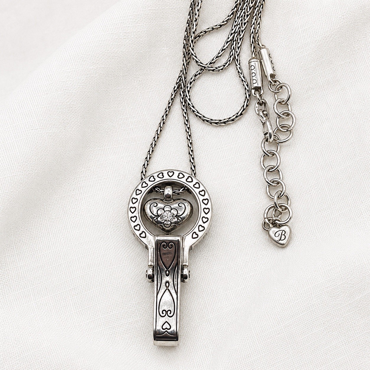 Brighton Floating Heart Badge Clip Necklace Lanyard Crystal Accent Adj. 36″