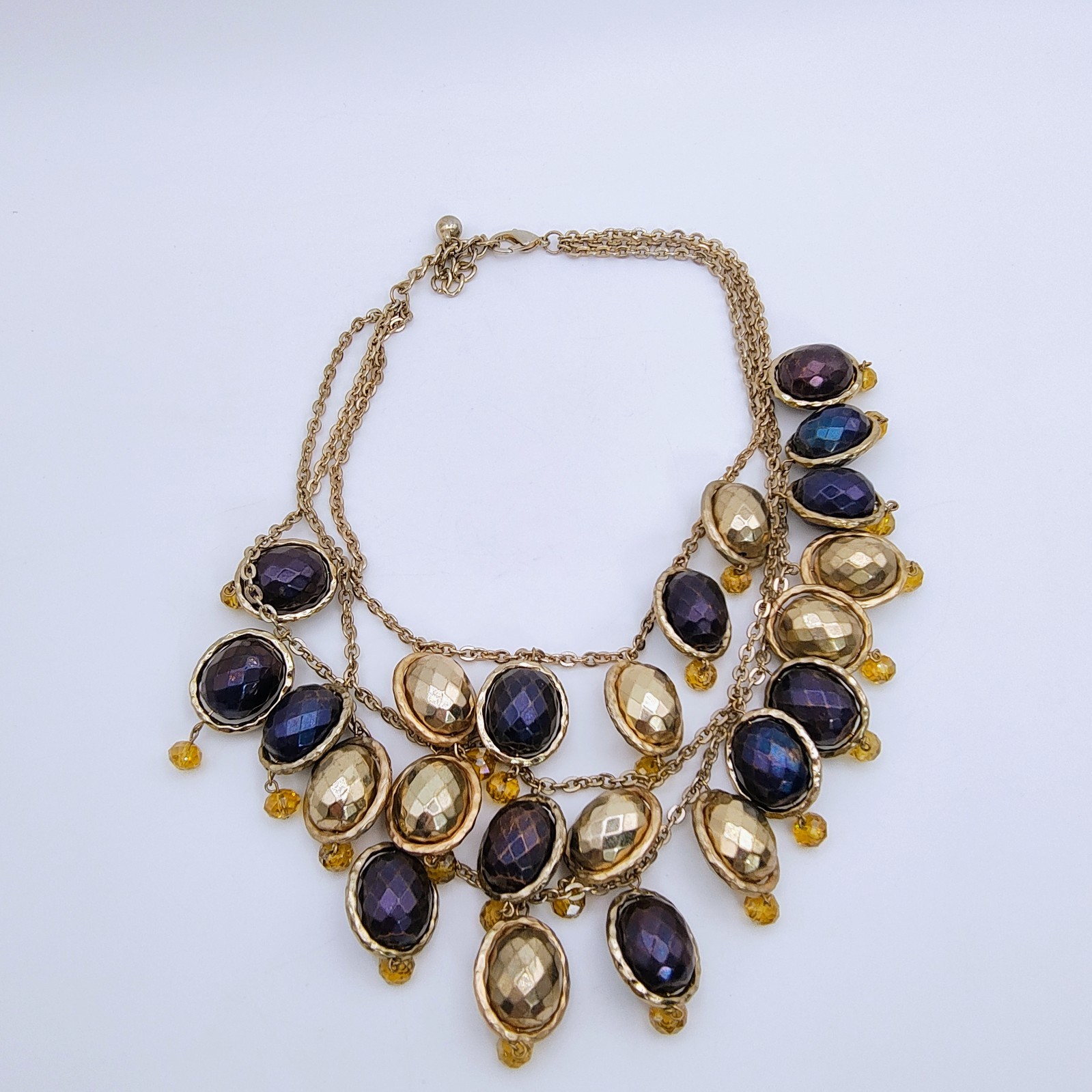Hammered Bead Bib Statement Necklace Gold Tone Plum Purple Chunky Maximalist