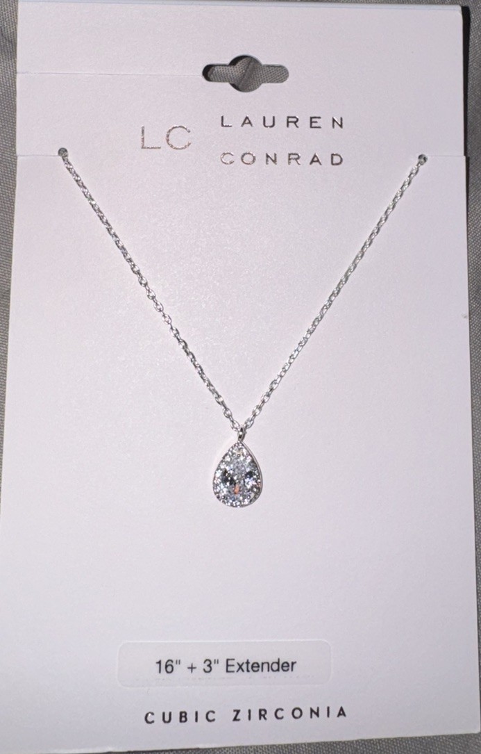 New Lauren Conrad Cubic Zirconia Tear Drop Necklace, 16in Chain Silver Tone