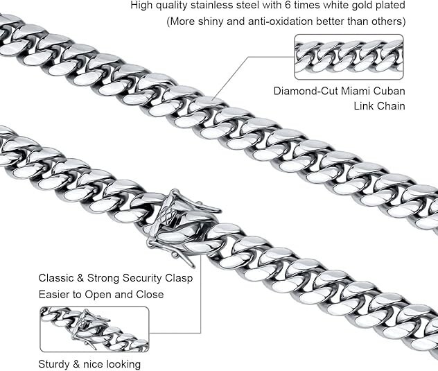 100% Stainless Steel White Gold Plated Miami Cuban Link Chain Bracelet 8MM-14MM