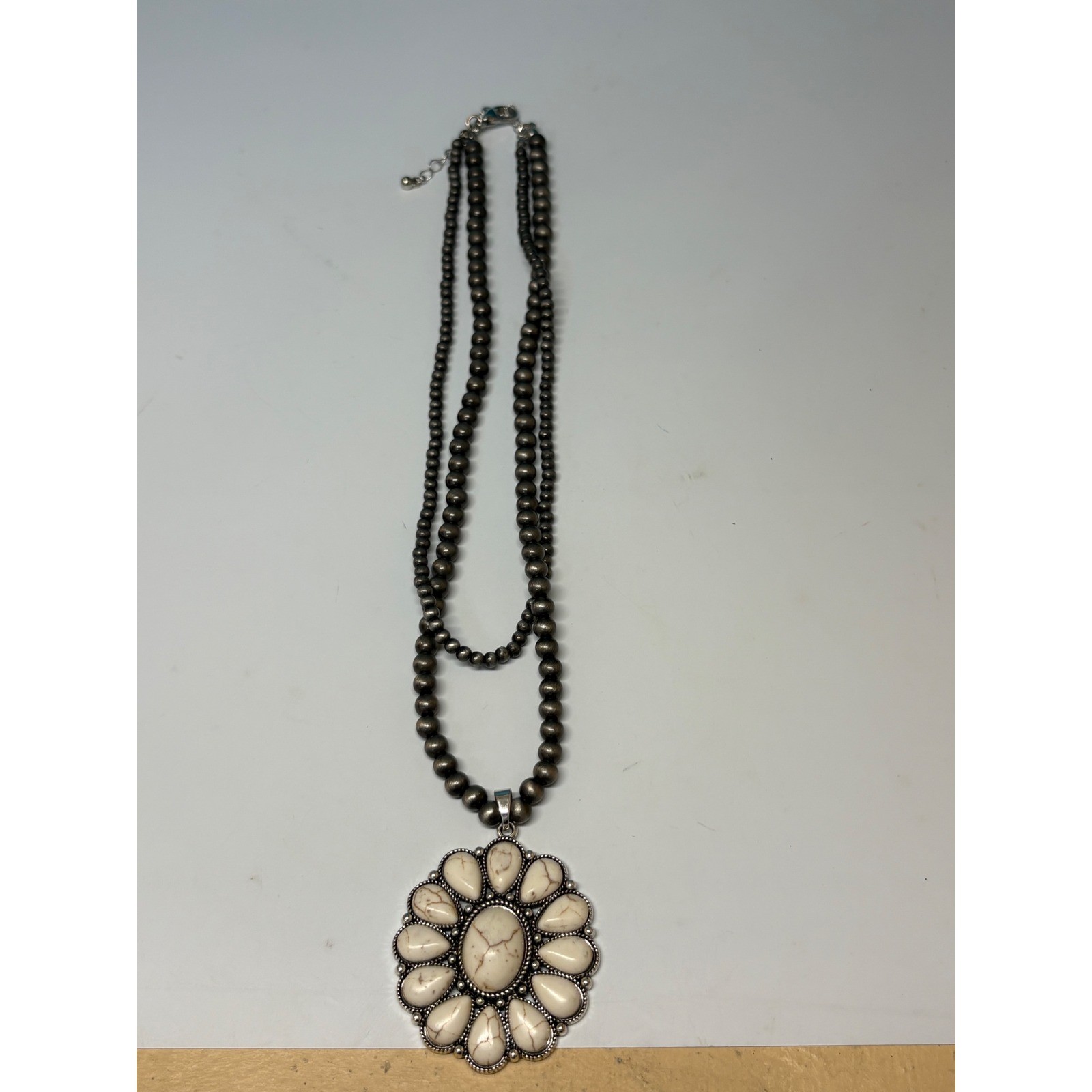 Western Faux White Turquoise Sunflower Layered Beaded Necklace Silver Tone