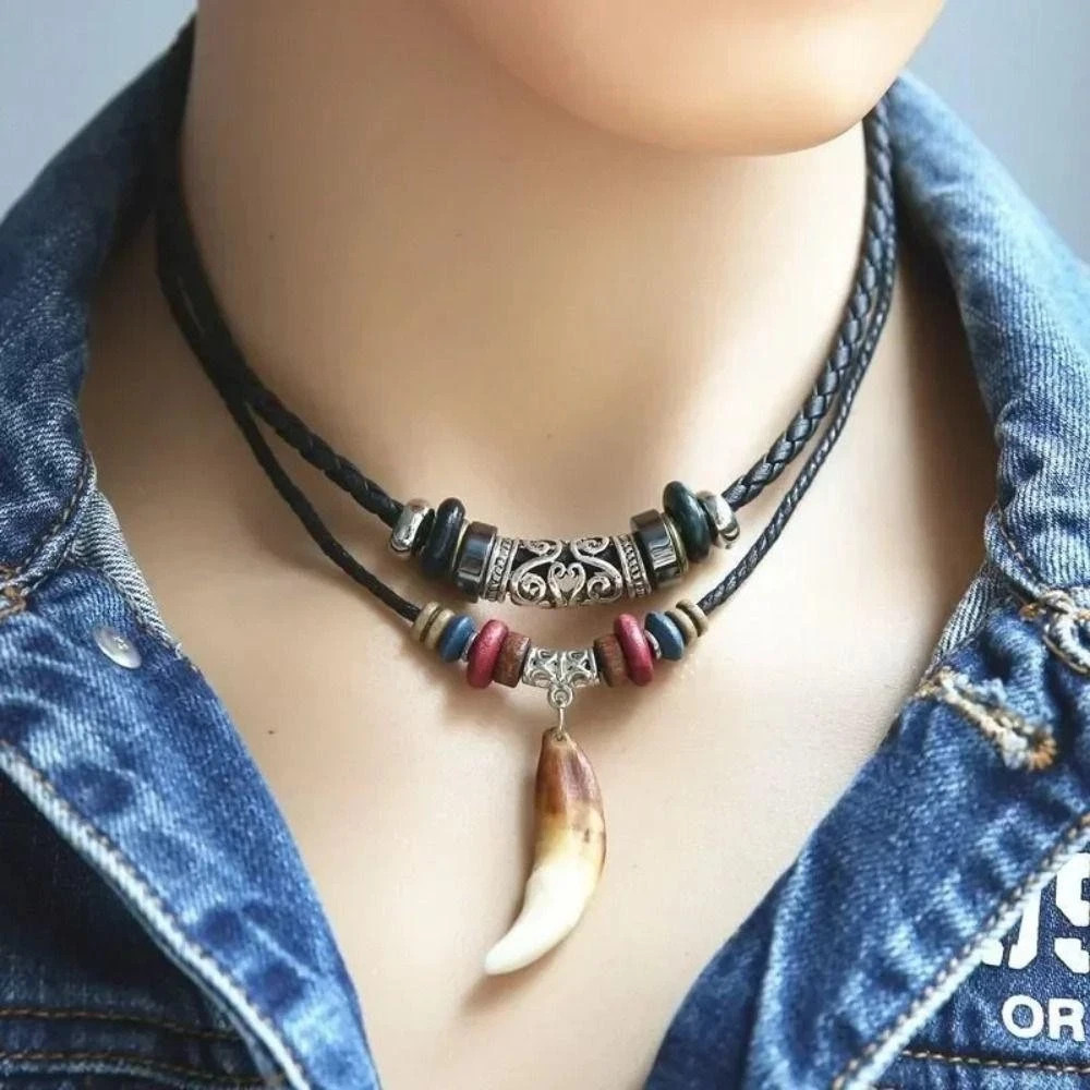 Gothic Wolf Tooth Pendant Necklace Leather Beaded Vintage Men Women Layered