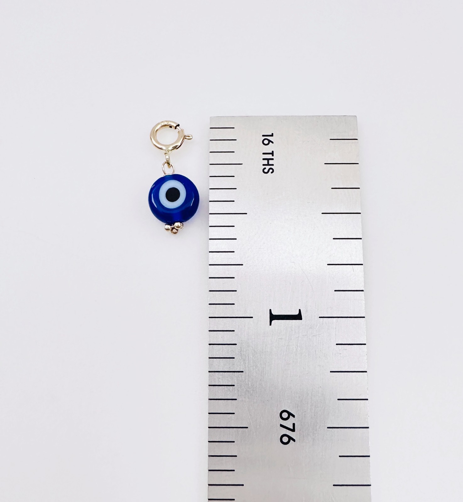 14K Solid Yellow Gold Millefiori Glass Blue Evil Eye Charm Pendant Spring Clasp