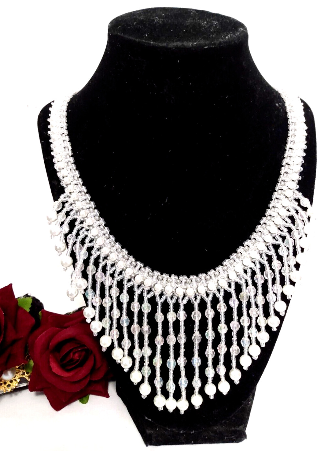 x159 – Dainty Glass Seed Bead Bib Choker Elegant Handmade 10″ White Wedding Gift