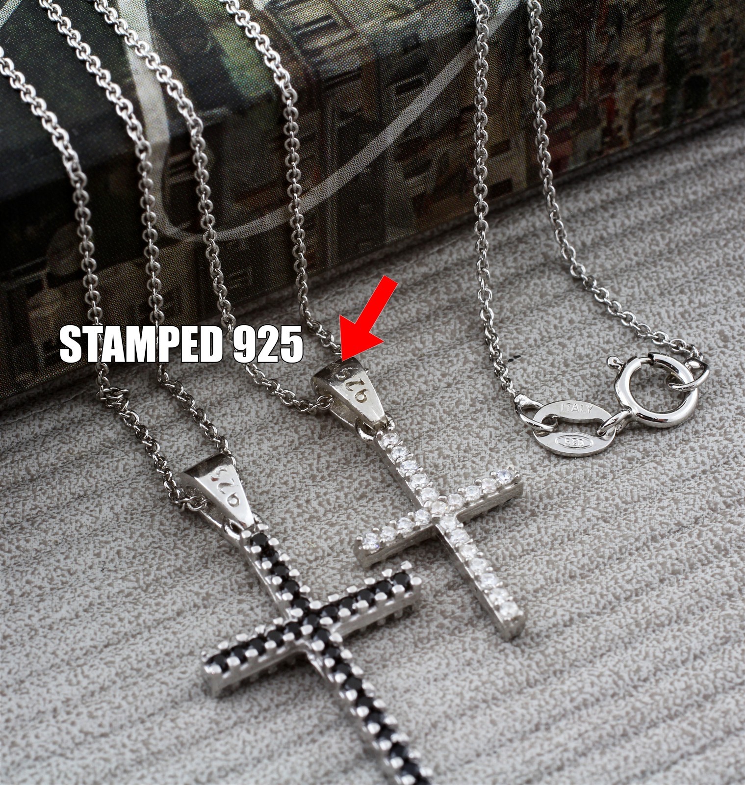 Real 925 Sterling Silver 2 Sided (Black & Clear) CZ Cross Charm Pendant 2 Sizes
