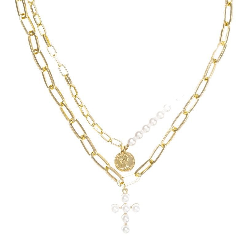 Women’s Hip-hop Cross Imitation Pearl Pendant Necklace Retro Necklace Alloy